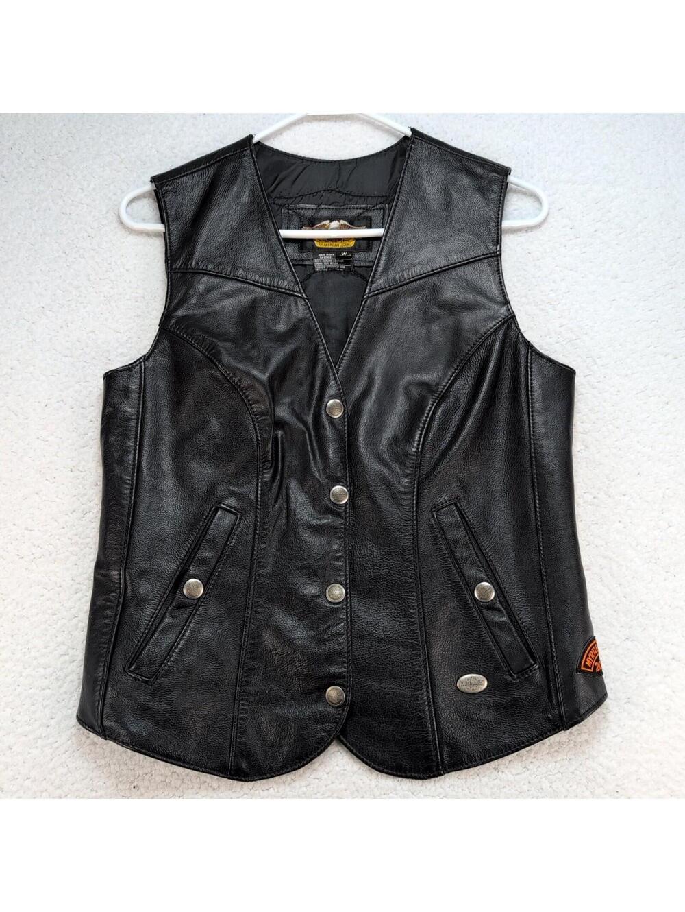 Made in USA Harley-Davidson Leather Biker Vest Womens L Patches Ladies of Harley